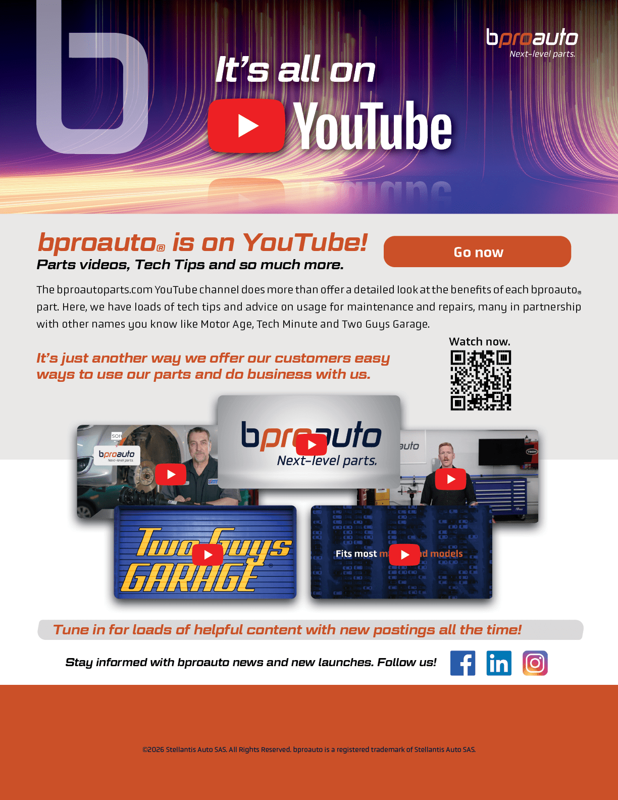 A promotional graphic for bproauto's YouTube channel featuring automotive tech tips and parts videos with screenshots of video thumbnails and a QR code. Description generated by AI