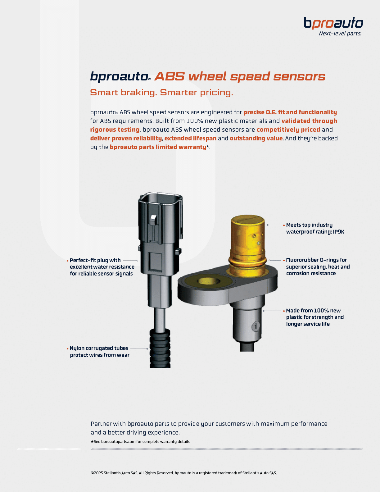 Two detailed illustrations of ABS wheel speed sensors with labeled features and promotional text highlighting their durability, reliability, and advanced design. Description generated by AI